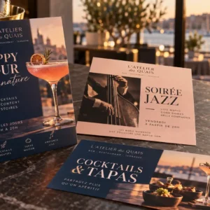 Flyer personnalisé pour bar annonçant un happy hour, une soirée jazz et une offre cocktails et tapas