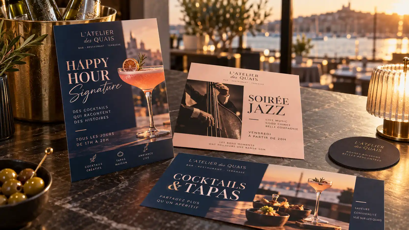 Flyer personnalisé pour bar annonçant un happy hour, une soirée jazz et une offre cocktails et tapas