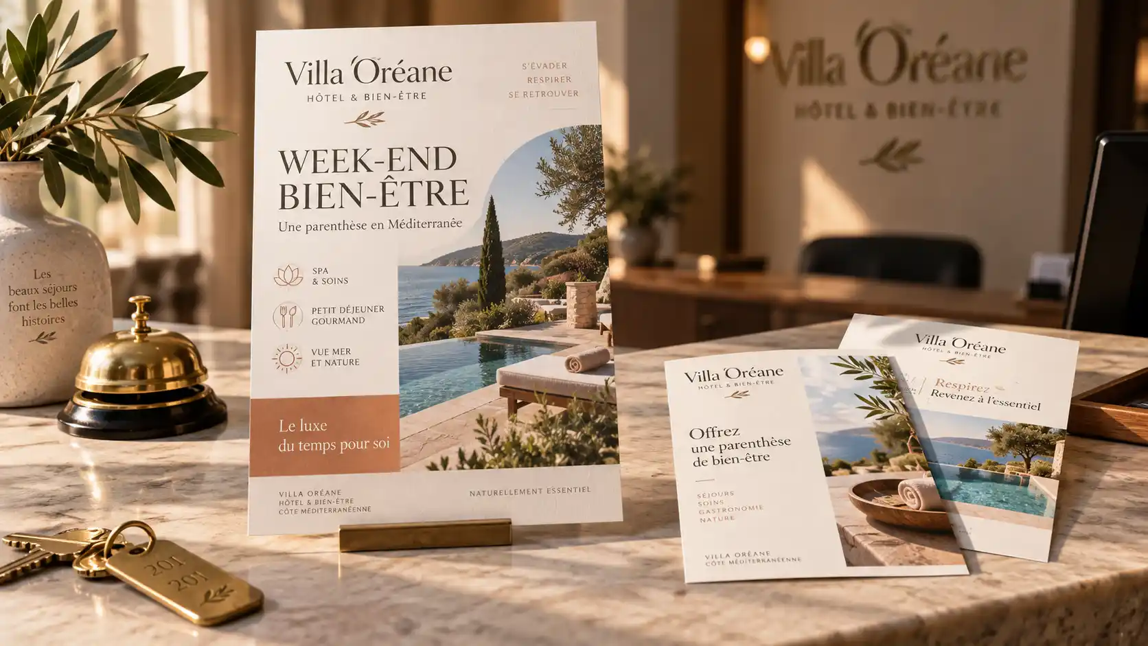 Flyer personnalisé pour hôtel et spa présentant une offre week-end bien-être en Méditerranée