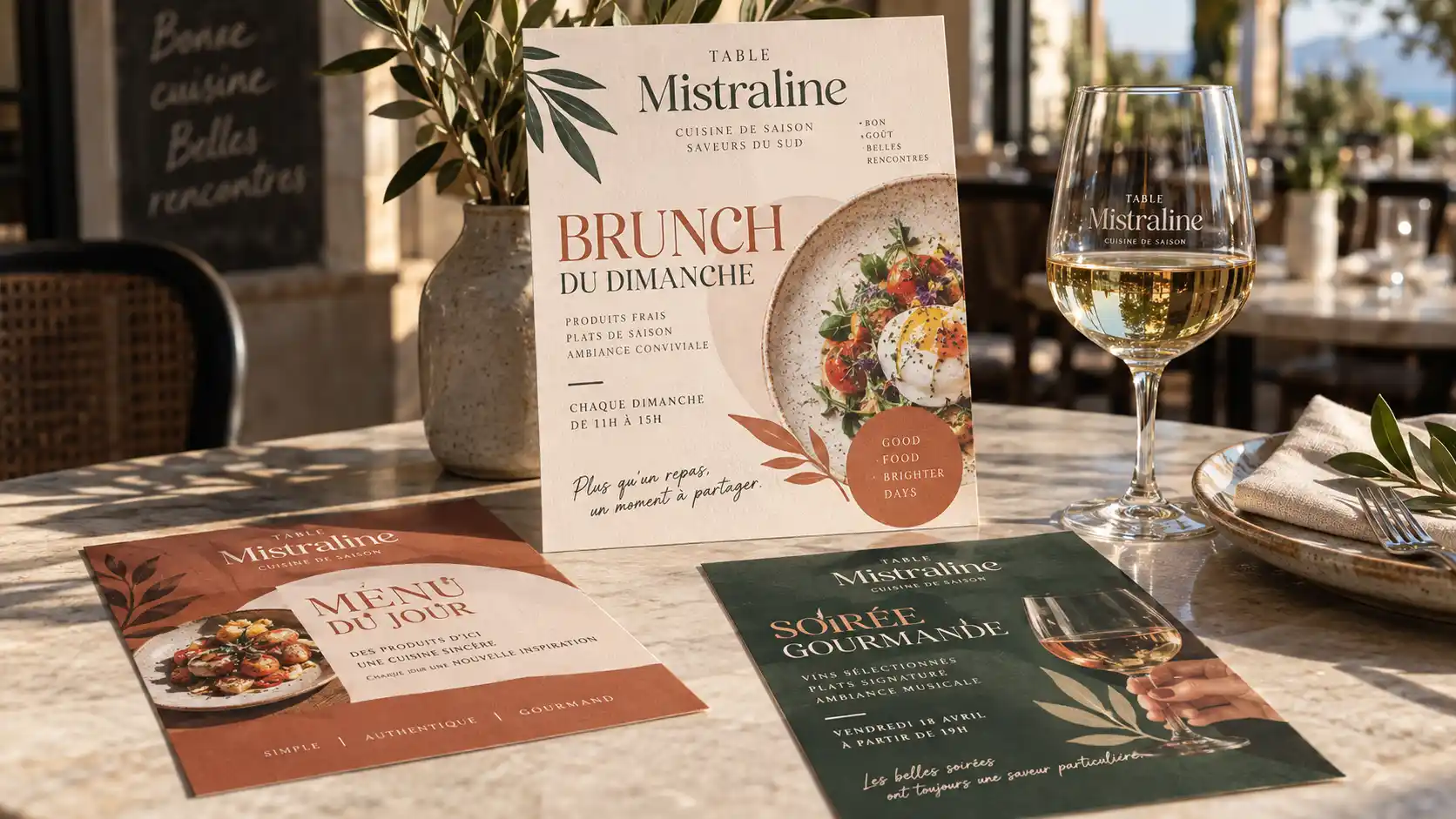 Flyer personnalisé pour restaurant annonçant un brunch du dimanche et un menu de saison