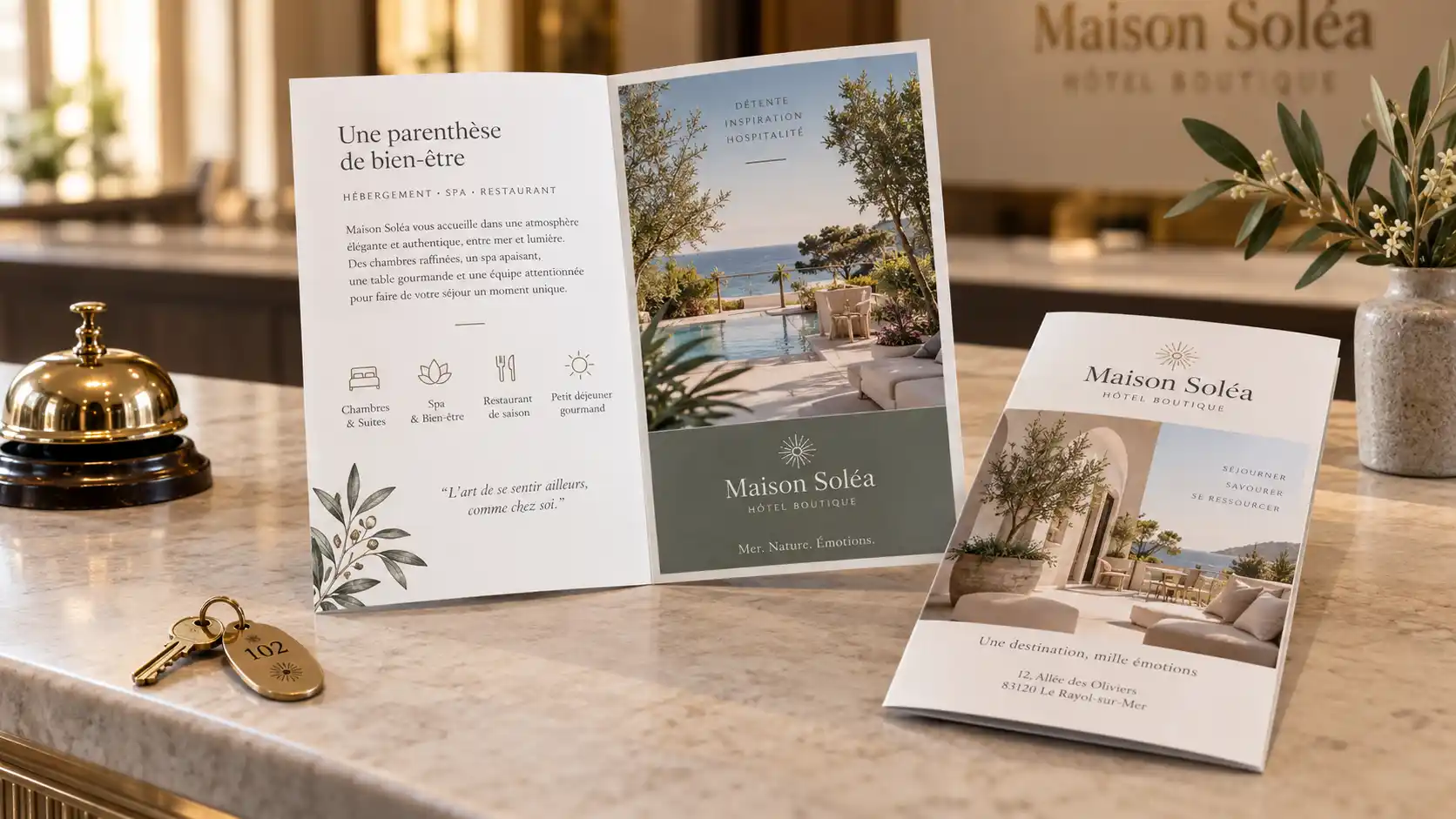 Dépliant 2 volets personnalisé présentant les services, le spa et l’hébergement d’un hôtel