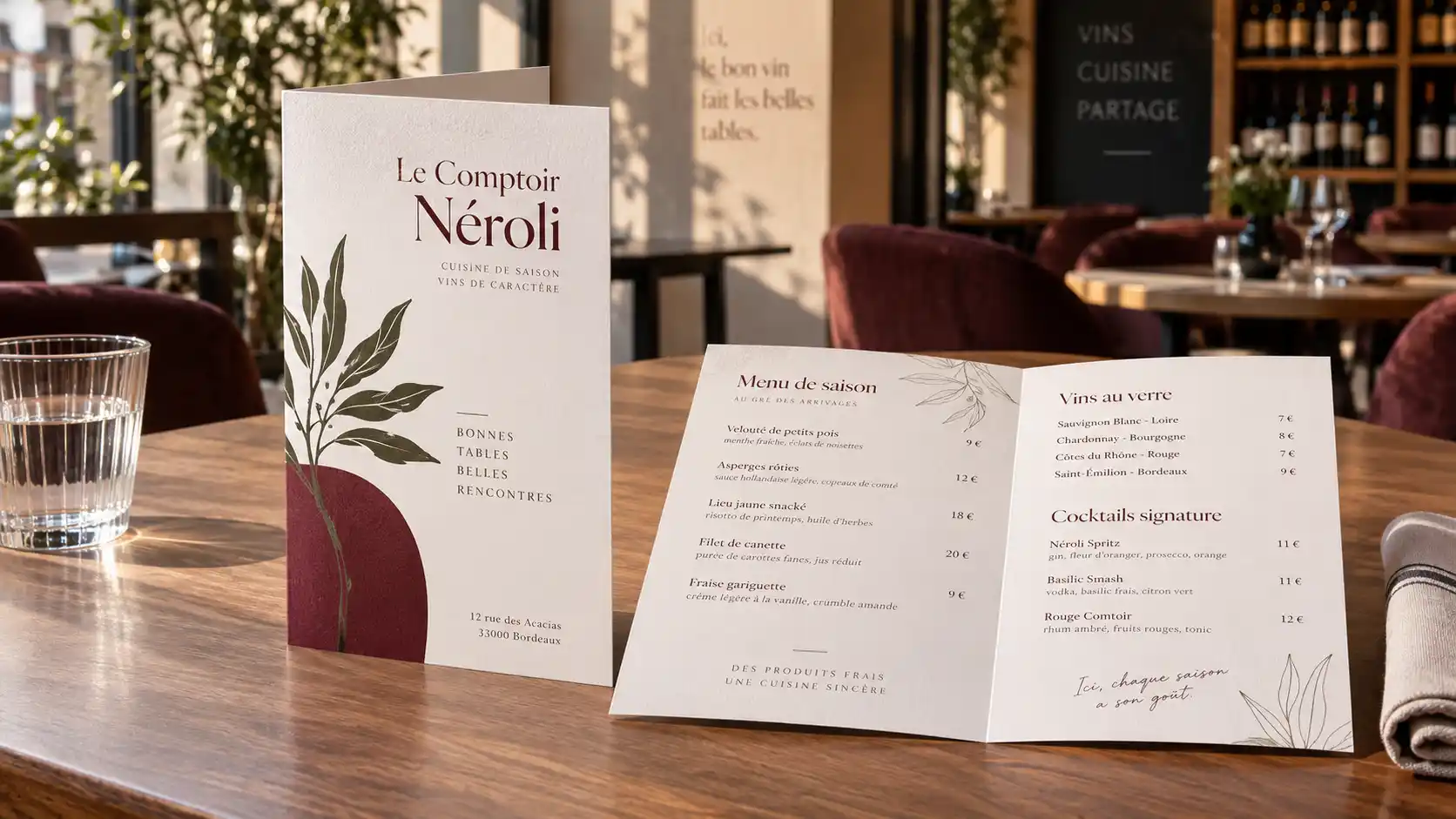Dépliant 2 volets personnalisé utilisé comme menu de saison avec vins et cocktails dans un restaurant