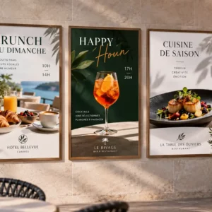 Affiches personnalisées petit déjeuner, dîner et cocktails installées dans un établissement CHR
