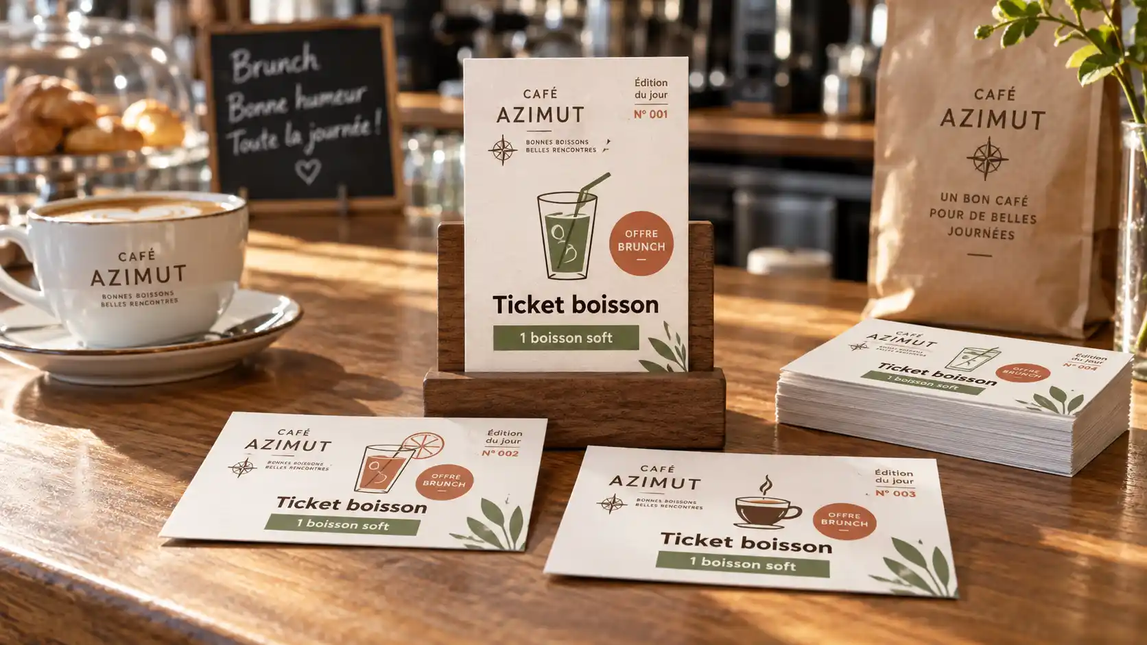 Tickets boisson personnalisés pour café - offre brunch avec QR code, Café Azimut