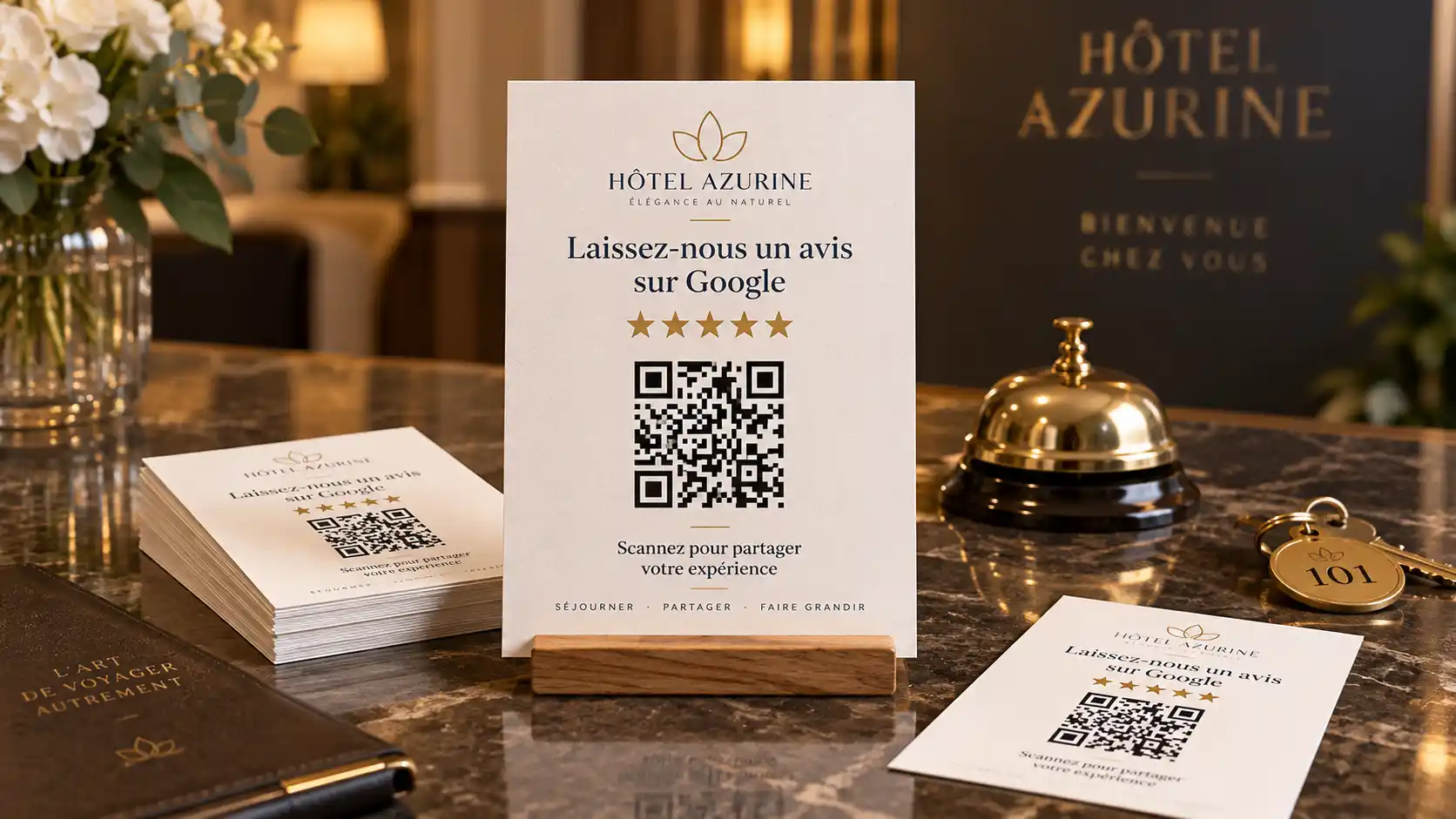 Présentoir carte avis Google personnalisé pour restaurant - table avec QR code