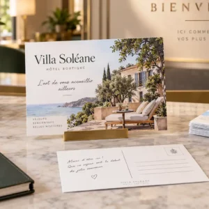 Carte postale personnalisée pour hôtel boutique - réception marbre, recto photo terrasse
