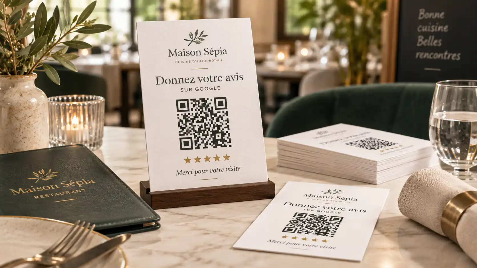 Présentoir carte avis Google personnalisé pour hôtel - réception avec QR code