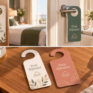 Accroche-porte petit-déjeuner personnalisé avec cases à cocher pour formule, horaire et nombre de couverts