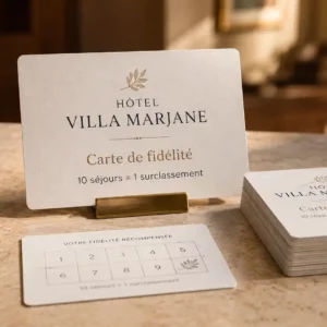 Cartes de fidélité personnalisées hôtel avec tampons, design crème et doré, sur comptoir marbre