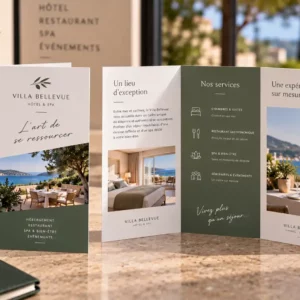 Dépliant 3 volets personnalisé pour hôtel présentant hébergement, services et découverte de la région