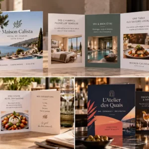 Dépliants carrés personnalisés pour hôtel, restaurant et bar avec présentation des services, menus et événements