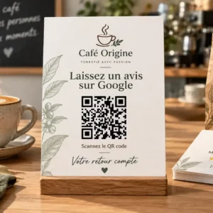 Présentoir carte avis Google personnalisé pour café - QR code sur comptoir