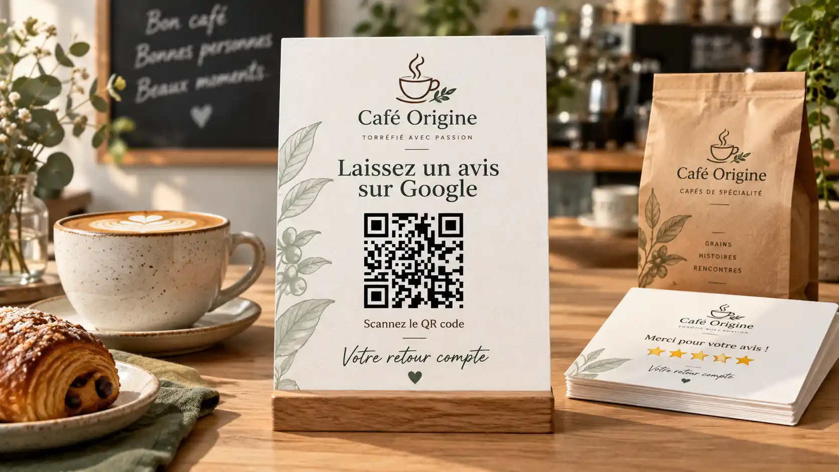 Présentoir carte avis Google personnalisé pour café - QR code sur comptoir