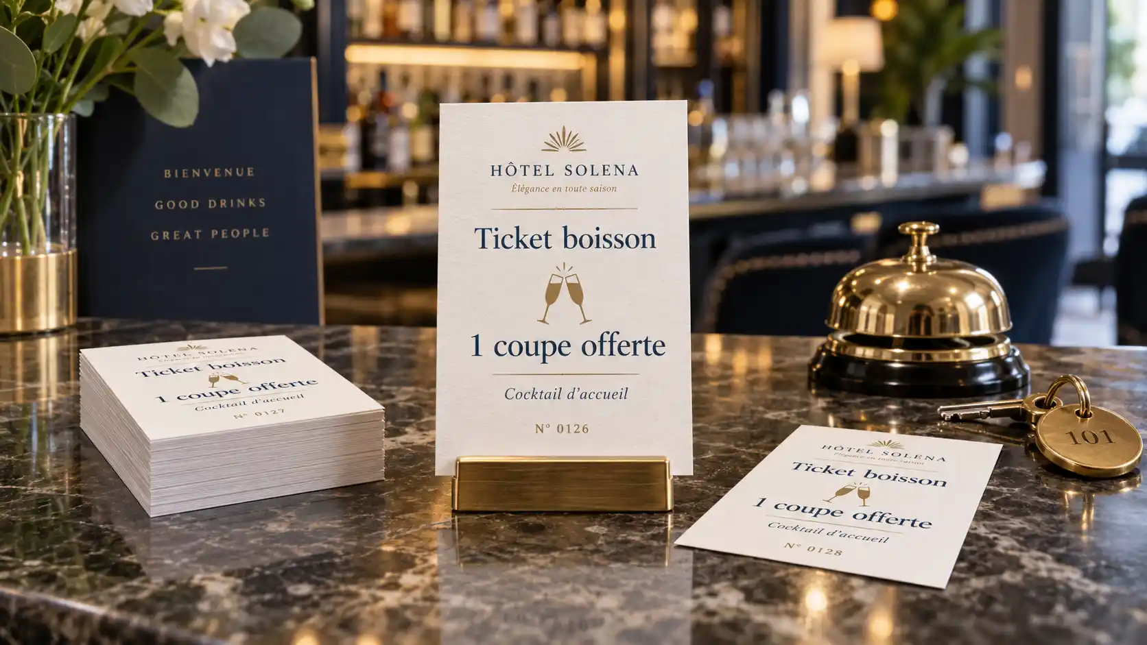 Ticket boisson personnalisé pour hôtel - coupe offerte cocktail d'accueil, réception