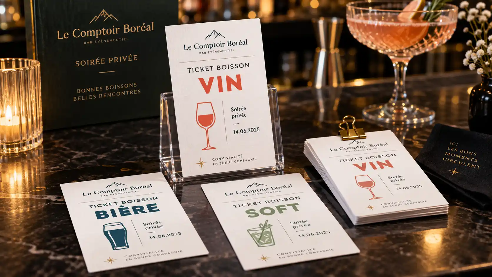 Tickets boisson personnalisés pour bar événementiel - vin, bière et soft pour soirée privée