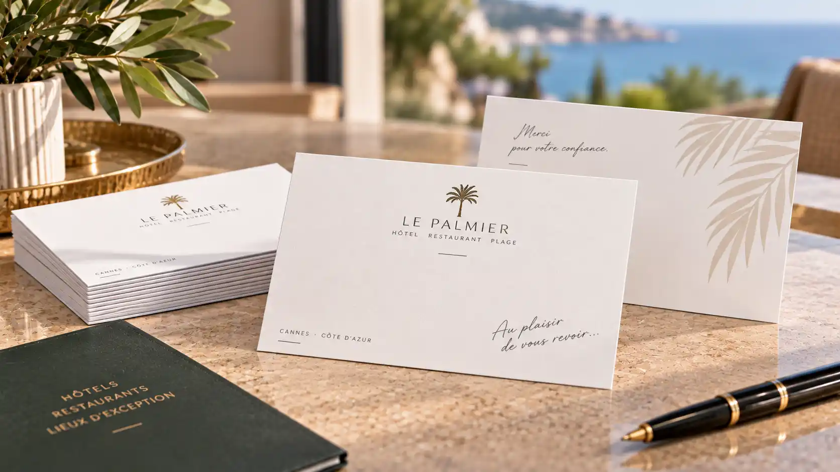 Carte de correspondance personnalisée pour hôtel restaurant plage - recto verso, Côte d'Azur