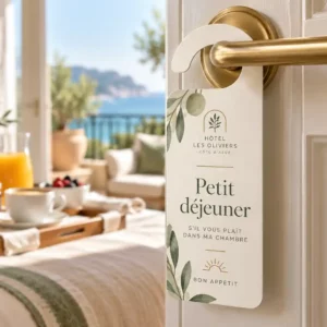 Accroche-porte indéchirable personnalisé suspendu à une porte de chambre d’hôtel, logo de l’établissement