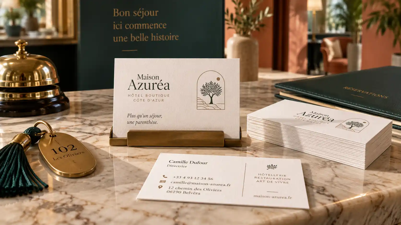 Carte de visite personnalisée pour hôtel boutique - recto verso, réception marbre