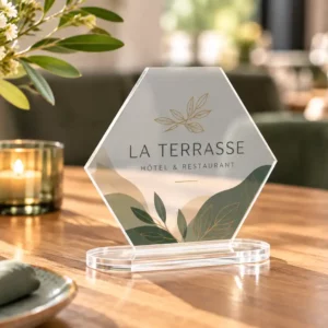 Trophée en plexi étoile personnalisé sur socle en bois pour récompenser un collaborateur
