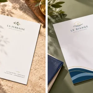 Bloc-notes personnalisé carré posé sur le bureau d’une chambre d’hôtel, à disposition des clients