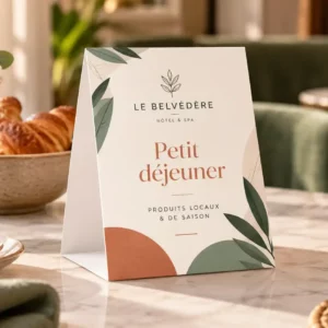 Chevalet de table A6 aux couleurs de l’hôtel avec code wifi et QR code
